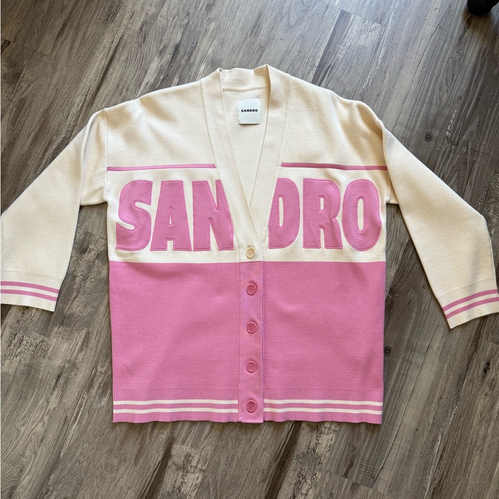 Sandro Cream and Pink Logo Cardigan